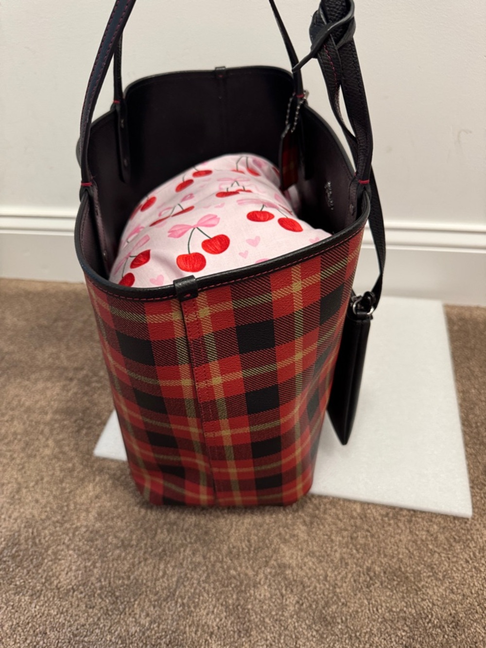 Coach Red and Black Plaid reversible city tote bag storybook pouch wristlet - Picture 4 of 15